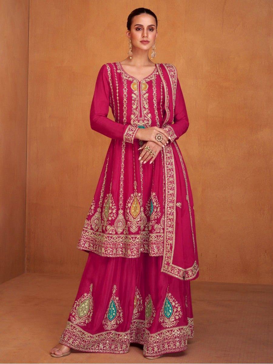 Dream Pink Palazzo Pants with Vibrant Floral Embroidery Suit Dress