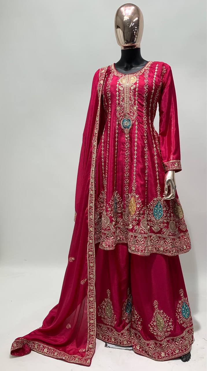 Dream Pink Palazzo Pants with Vibrant Floral Embroidery Suit Dress