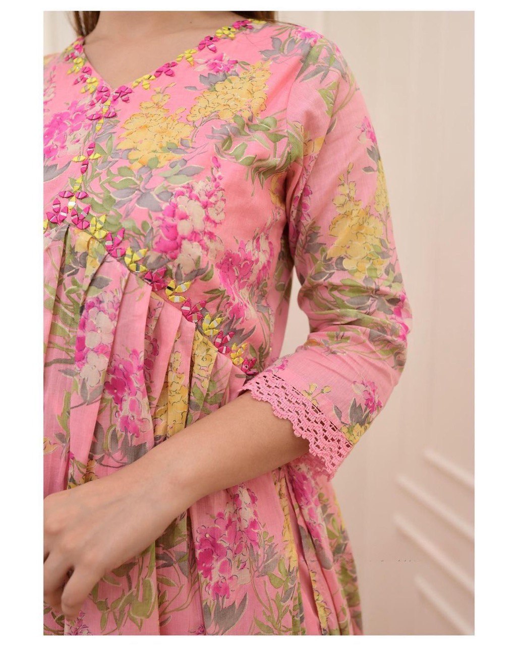 Pink Cotton Printed Mirror Work V-Neck Anarkali Kurta with Pant and Dupatta