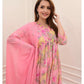 Pink Cotton Printed Mirror Work V-Neck Anarkali Kurta with Pant and Dupatta