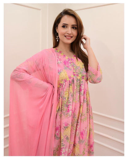 Pink Cotton Printed Mirror Work V-Neck Anarkali Kurta with Pant and Dupatta