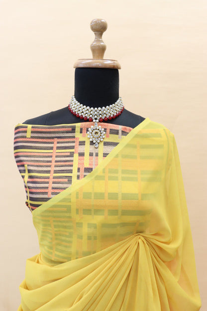 Multi Color Faux Georgette Digital Printed Bollywood Saree For Womens With Beautiful Blouse Piece