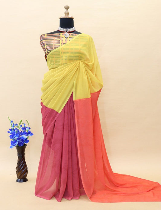 Multi Color Faux Georgette Digital Printed Bollywood Saree For Womens With Beautiful Blouse Piece