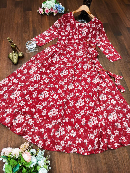 Beautiful Women Georgette Floral Printed V-Neck Anarkali Gown Dress For Girls & Women
