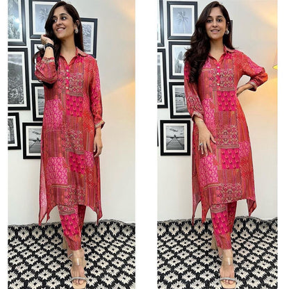 Pink Faux Georgette Embroidery worked Afghani KurtI, Bottom For Girls And Womens