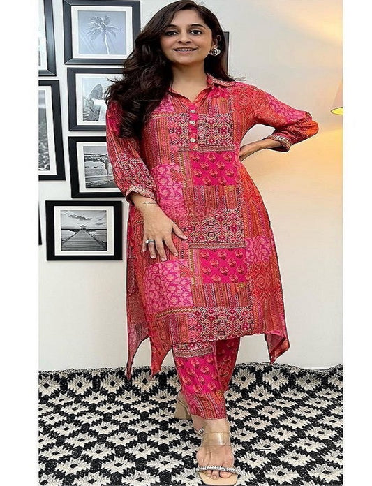 Pink Faux Georgette Embroidery worked Afghani KurtI, Bottom For Girls And Womens