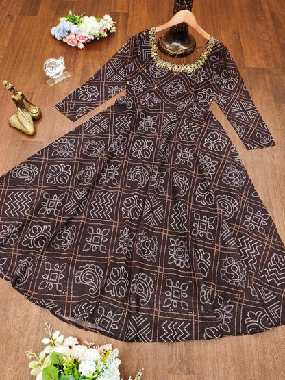 Black Faux Georgette Digital Printed Bandhani Anakali Gown With Embroidery Work