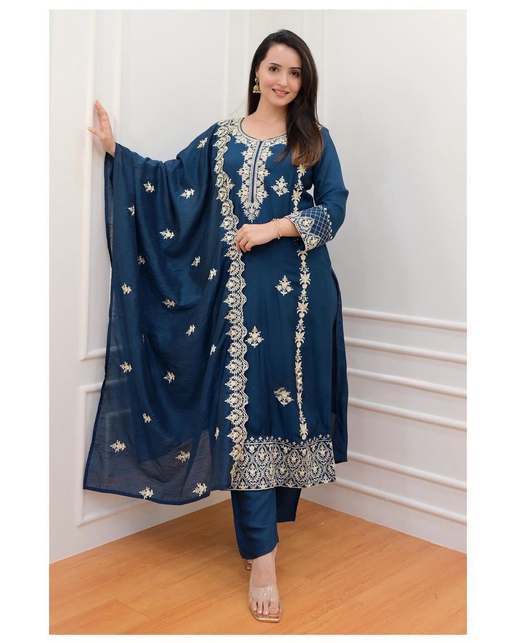 Women's Blue & Wine Rayon Embroidered Suits with Pant and Dupatta for Girls & Women