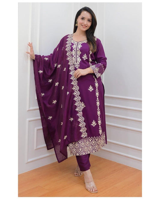 Women's Blue & Wine Rayon Embroidered Suits with Pant and Dupatta for Girls & Women