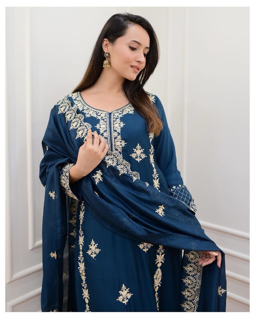 Women's Blue & Wine Rayon Embroidered Suits with Pant and Dupatta for Girls & Women