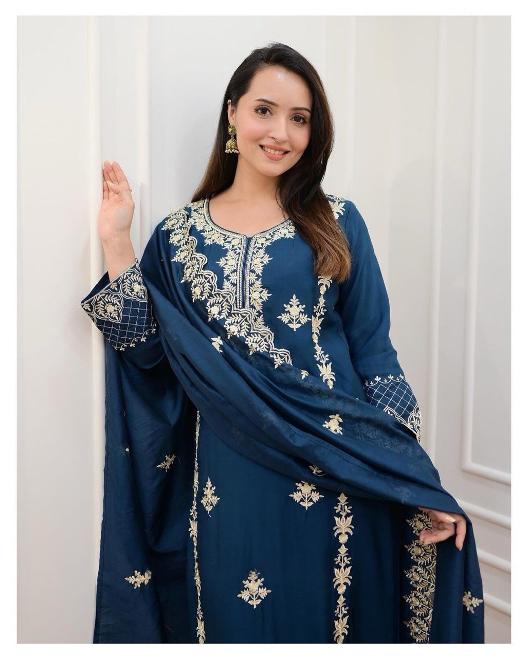 Women's Blue & Wine Rayon Embroidered Suits with Pant and Dupatta for Girls & Women