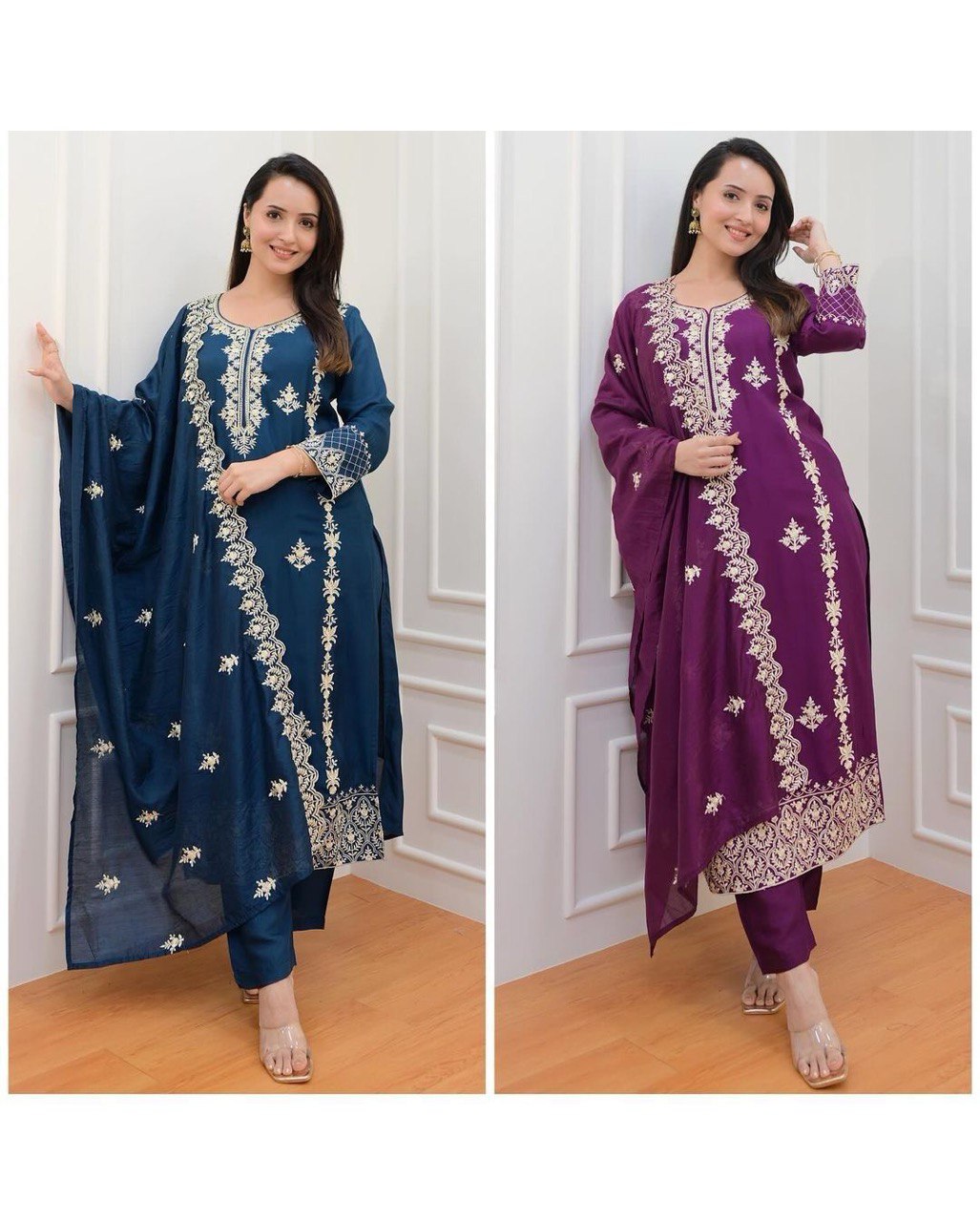 Women's Blue & Wine Rayon Embroidered Suits with Pant and Dupatta for Girls & Women