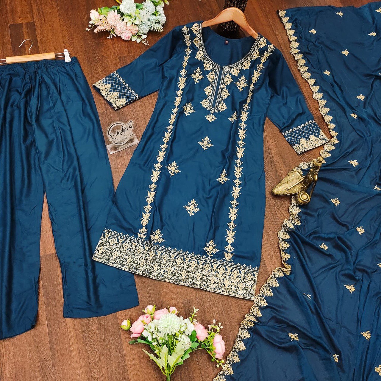 Women's Blue & Wine Rayon Embroidered Suits with Pant and Dupatta for Girls & Women