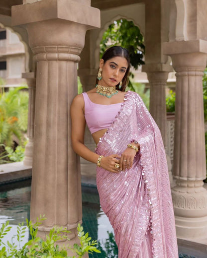 Baby Pink Georgette Sequence Embroidery Work Designer  Beautiful Saree, Stunning Look Party Wear Saree With  Silk Blouse