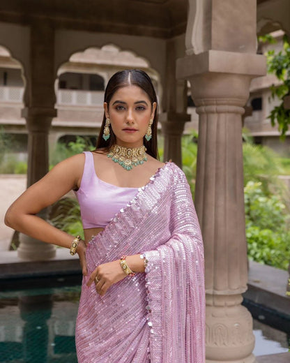 Baby Pink Georgette Sequence Embroidery Work Designer  Beautiful Saree, Stunning Look Party Wear Saree With  Silk Blouse