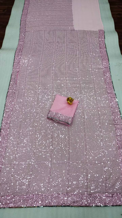 Baby Pink Georgette Sequence Embroidery Work Designer  Beautiful Saree, Stunning Look Party Wear Saree With  Silk Blouse
