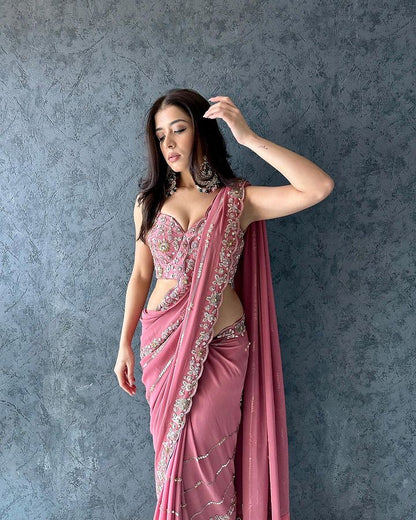 Pink Tranding Faux Georgette  Sequence Work Saree With Fancy Thread Work