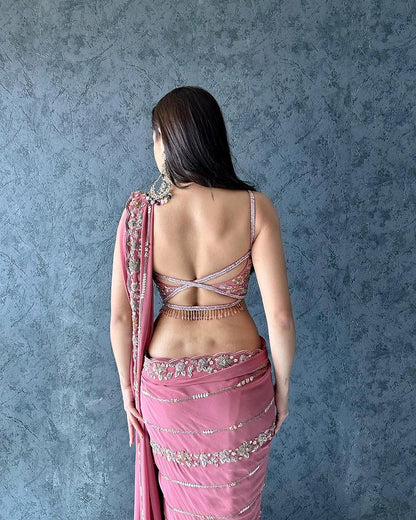 Pink Tranding Faux Georgette  Sequence Work Saree With Fancy Thread Work