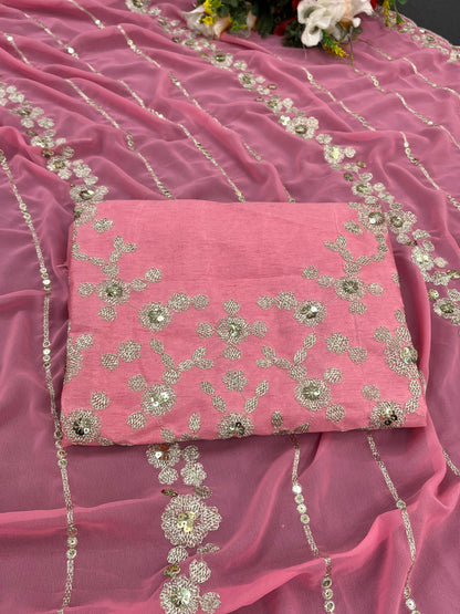 Pink Tranding Faux Georgette  Sequence Work Saree With Fancy Thread Work