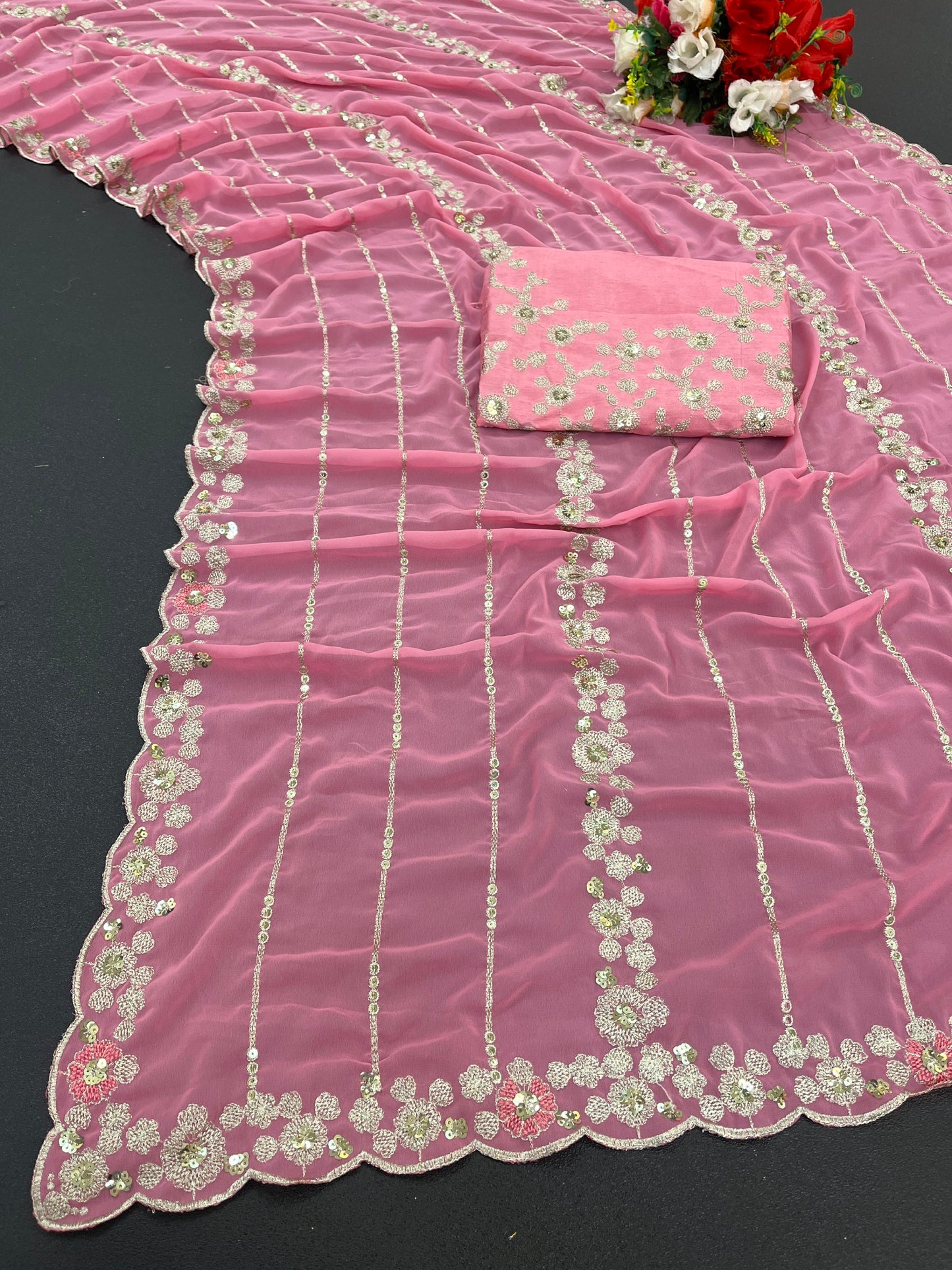 Pink Tranding Faux Georgette  Sequence Work Saree With Fancy Thread Work