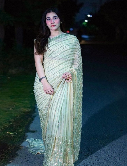 Pista Color Georgette Sequence Saree, Bollywood Style Wedding Party wear Saree Ready to wear Pre-stitch Saree
