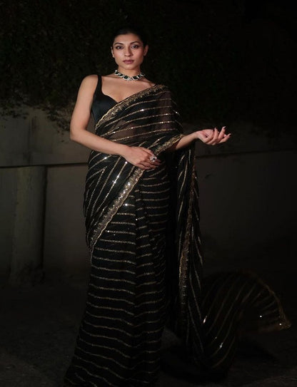 Black Bollywood Latest Stylish Function Soft Georgette Saree With heavy silk Blouse, Party Wear Wedding Saree