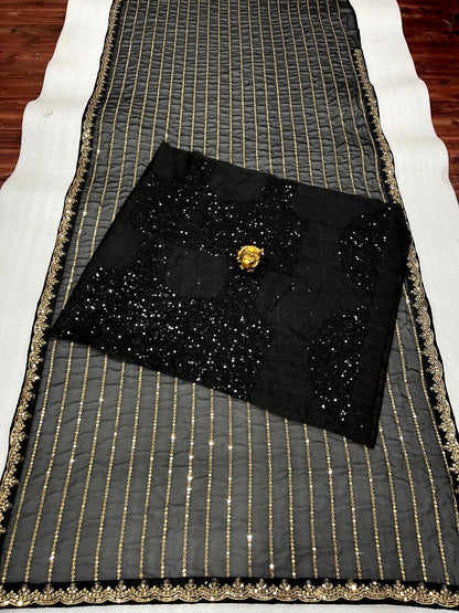Black Bollywood Latest Stylish Function Soft Georgette Saree With heavy silk Blouse, Party Wear Wedding Saree