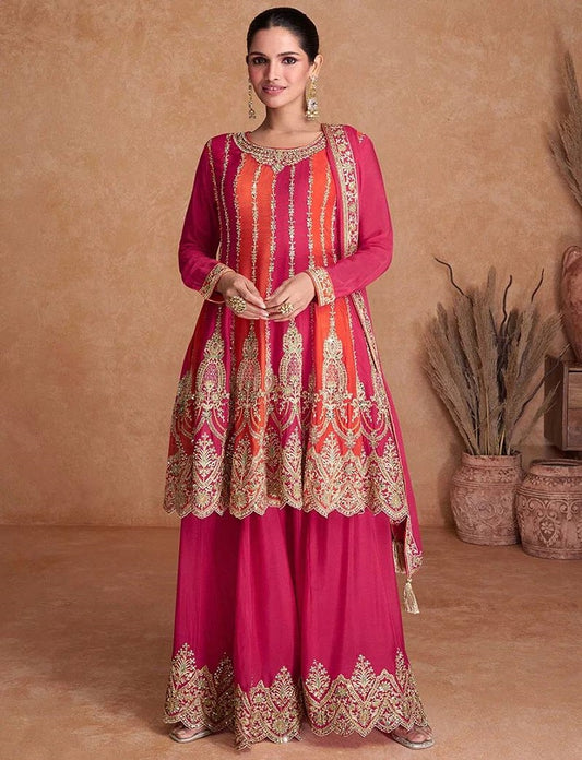 Pink Chinon Embroidered and Gota Palazzo Party Wear Suit