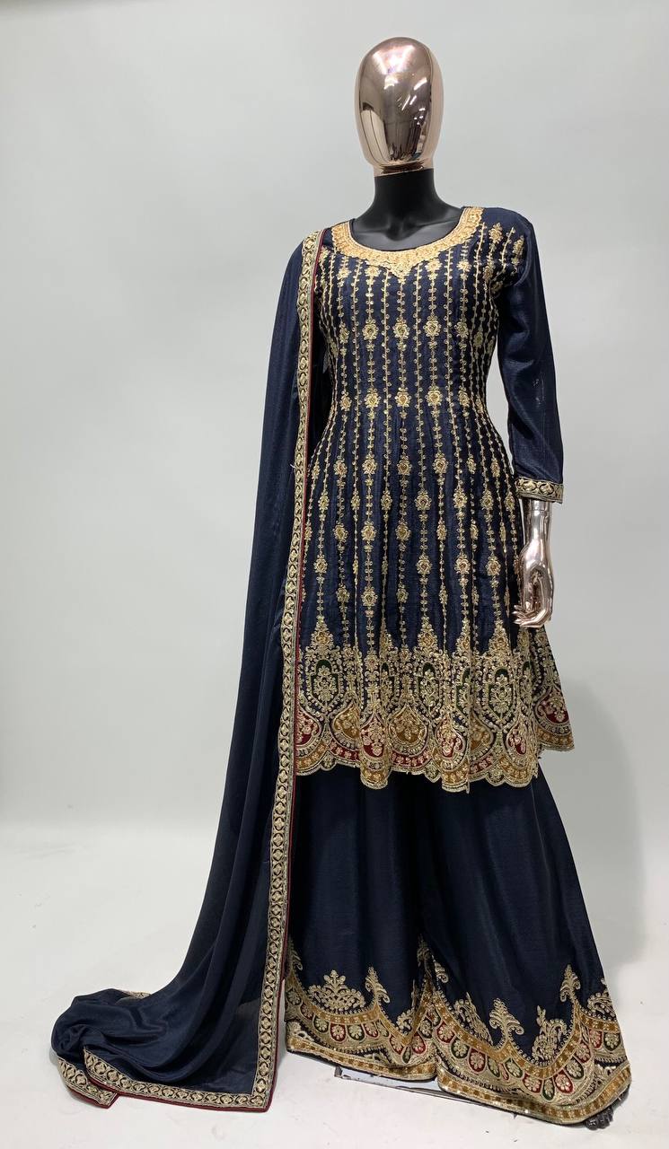Navy Blue Women's Chinon Embroidery Work Readymade Wedding Wear Kurta Palazzo Set with Dupatta