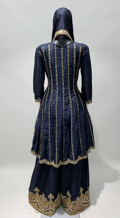 Navy Blue Women's Chinon Embroidery Work Readymade Wedding Wear Kurta Palazzo Set with Dupatta