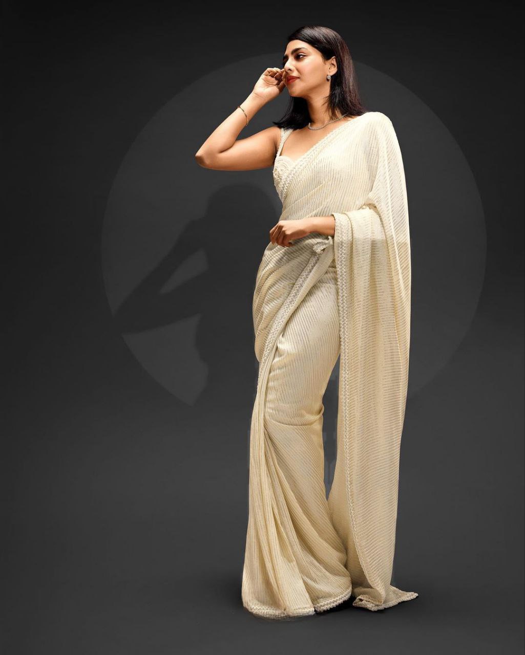 White Designer party wear bollywood indian style Reception wear fancy sequence work saree for women