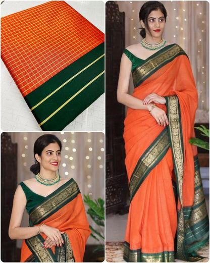 Orange Tussar Silk Banarasi Women's Traditional Style Silk Saree With Attach Unstitched Blouse Piece