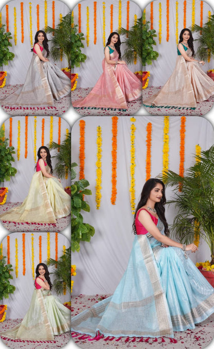 Trending Original Linen CottonSaree  With Heavy Weaving Zari Border & Stitched Blouse