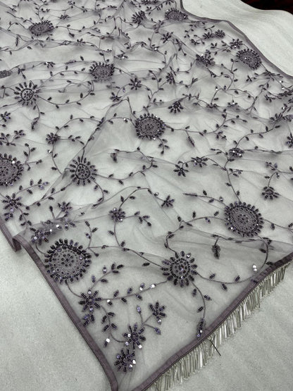 Grey Heavy Embroidery work  Blouse Party Wear Saree With Sequins Work Blouse piece For Women And Girls