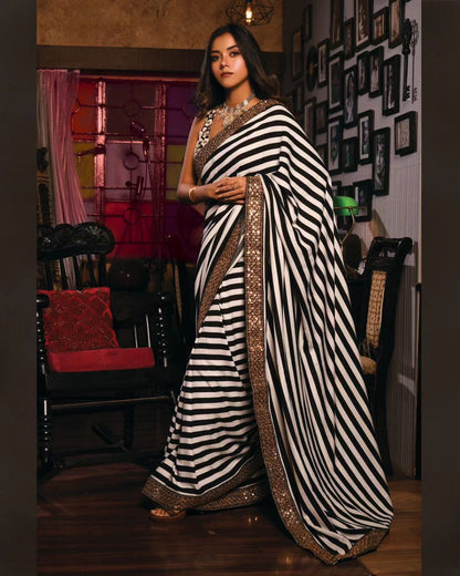 Women's Black and White Striped With Lace Embellsihed Georgette Saree With Tafeta Silk Blouse