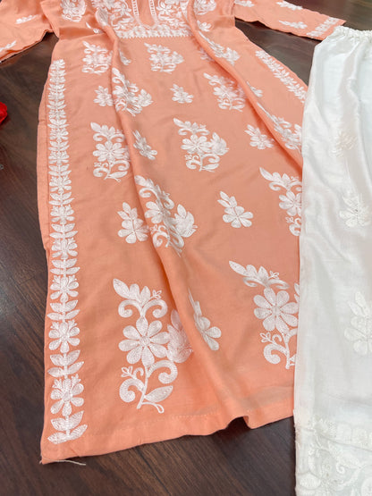 Peach&Purple  Rayon Cotton Chikankari Kurta With Palazzo Set
