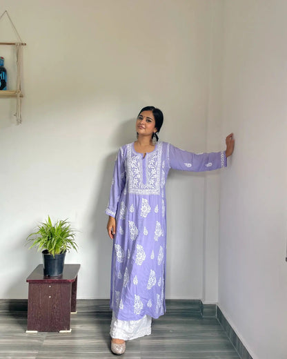 Peach&Purple  Rayon Cotton Chikankari Kurta With Palazzo Set