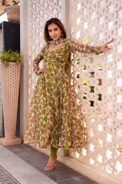 Trendy Printed Parrot Green Color Anarkali Gown Pant Pair With Dupatta Set