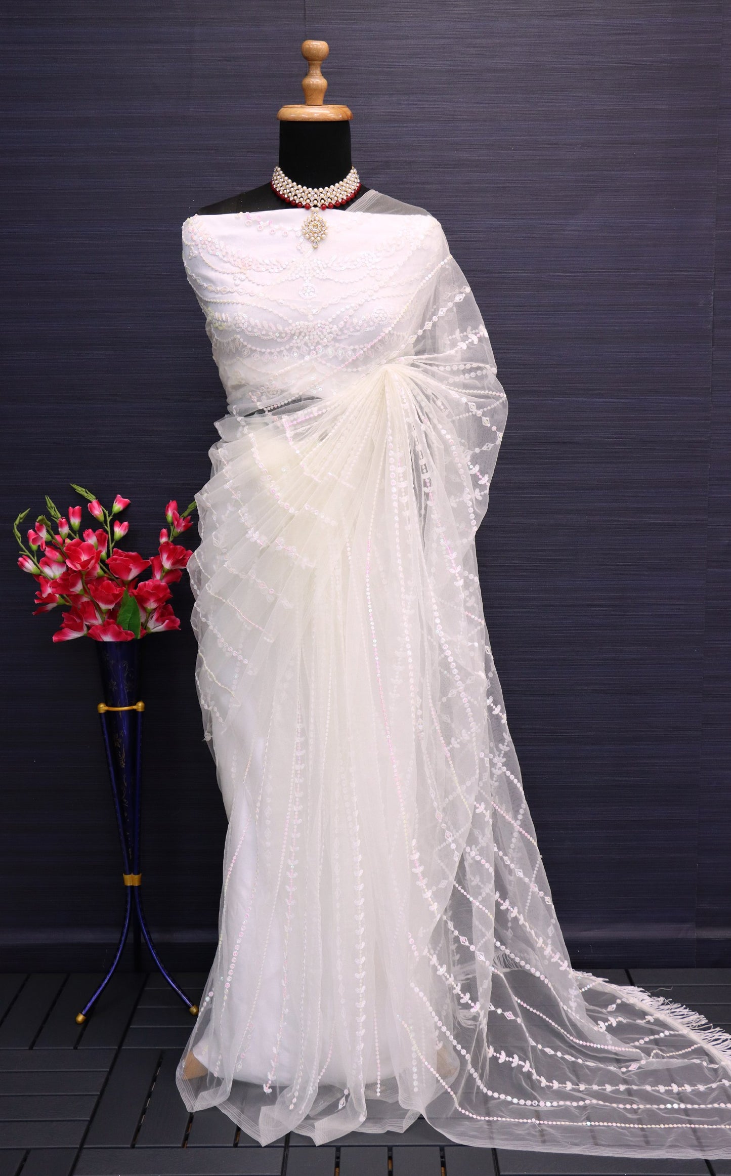 PRESENTING WHITE MONO NET DESIGNER SAREE WITH FANCY THREAD WORK AND SEQUENCE WORK BLOUSE PIECE