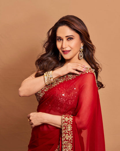 Madhuri Dixit Red Color Soft georgette Gold thread Zari and sequence work Wedding Party Wear Saree