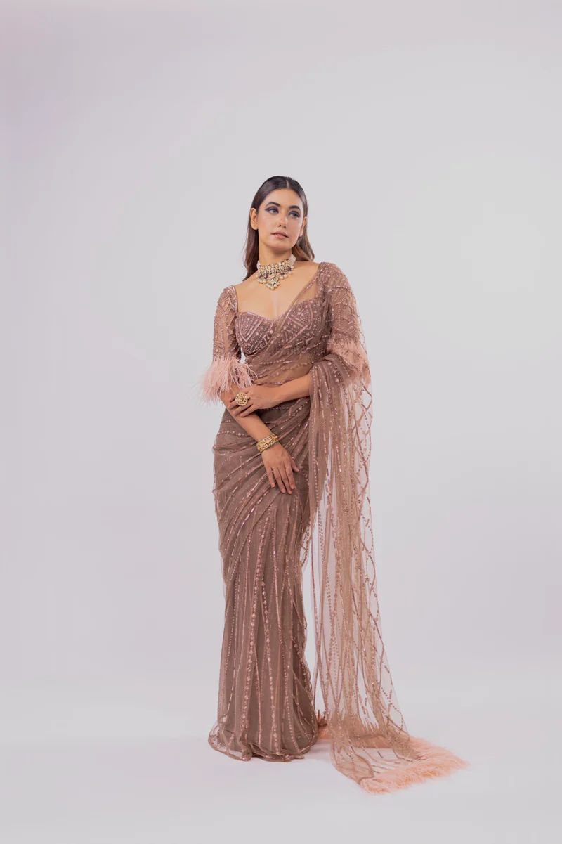 Womens Net Fabric Saree With Fancy Sequence Thread Work With Pallu Border Zalar