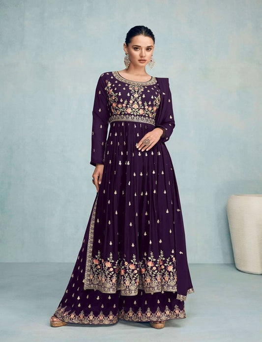 Wine Georgette Long Kurta With Embroidery And Sequence Work And Georgette Matching Dupatta With Lace Border For Women