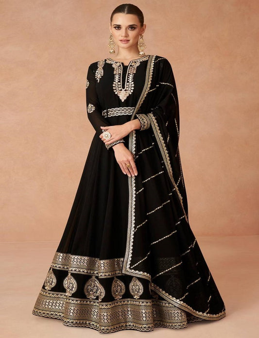 BLACK COLOR GEORGETTE FABRIC EMBROIDERED READYMADE LONG ANARKALI STYLE GOWN WITH DUPATTA