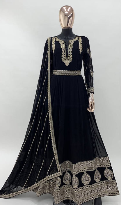 BLACK COLOR GEORGETTE FABRIC EMBROIDERED READYMADE LONG ANARKALI STYLE GOWN WITH DUPATTA