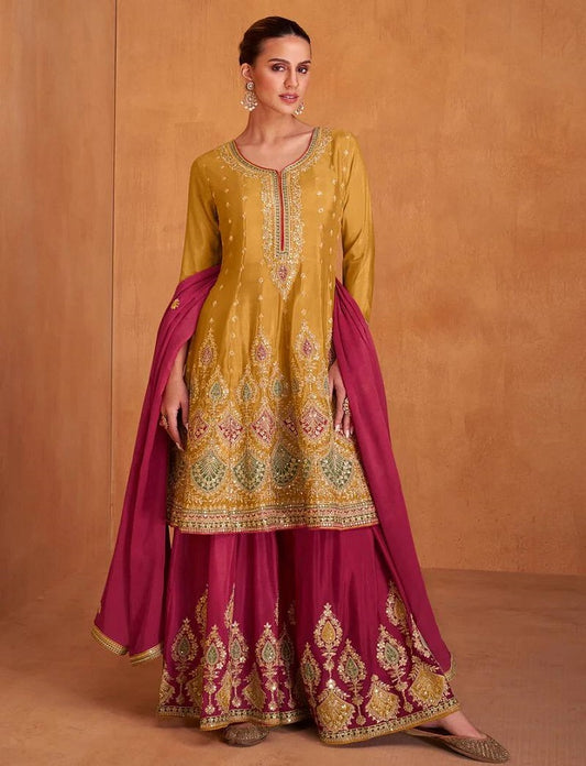 Yellow Pakistani Indian Wedding Party Wear Designer Salwar Kameez Palazzo Suits Heavy Embroidery Work Shalwar Kameez Dupatta Dress for Women's Wear