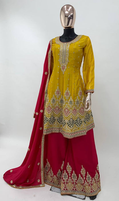 Yellow Pakistani Indian Wedding Party Wear Designer Salwar Kameez Palazzo Suits Heavy Embroidery Work Shalwar Kameez Dupatta Dress for Women's Wear