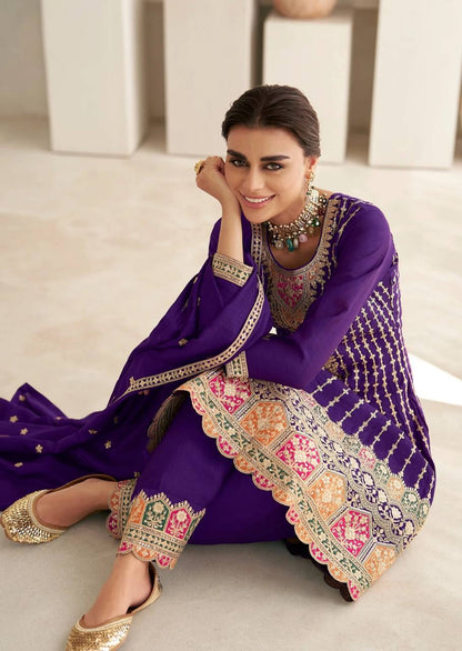 Stunning Purple Embroidered Chinon  fully stitched Salwar Suit Set with Dupatta