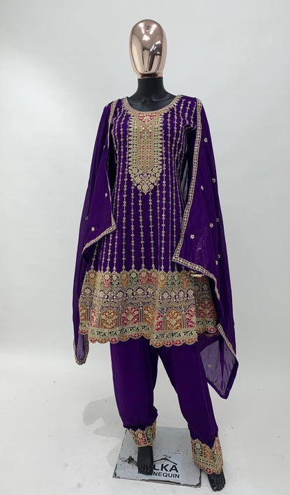 Stunning Purple Embroidered Chinon  fully stitched Salwar Suit Set with Dupatta