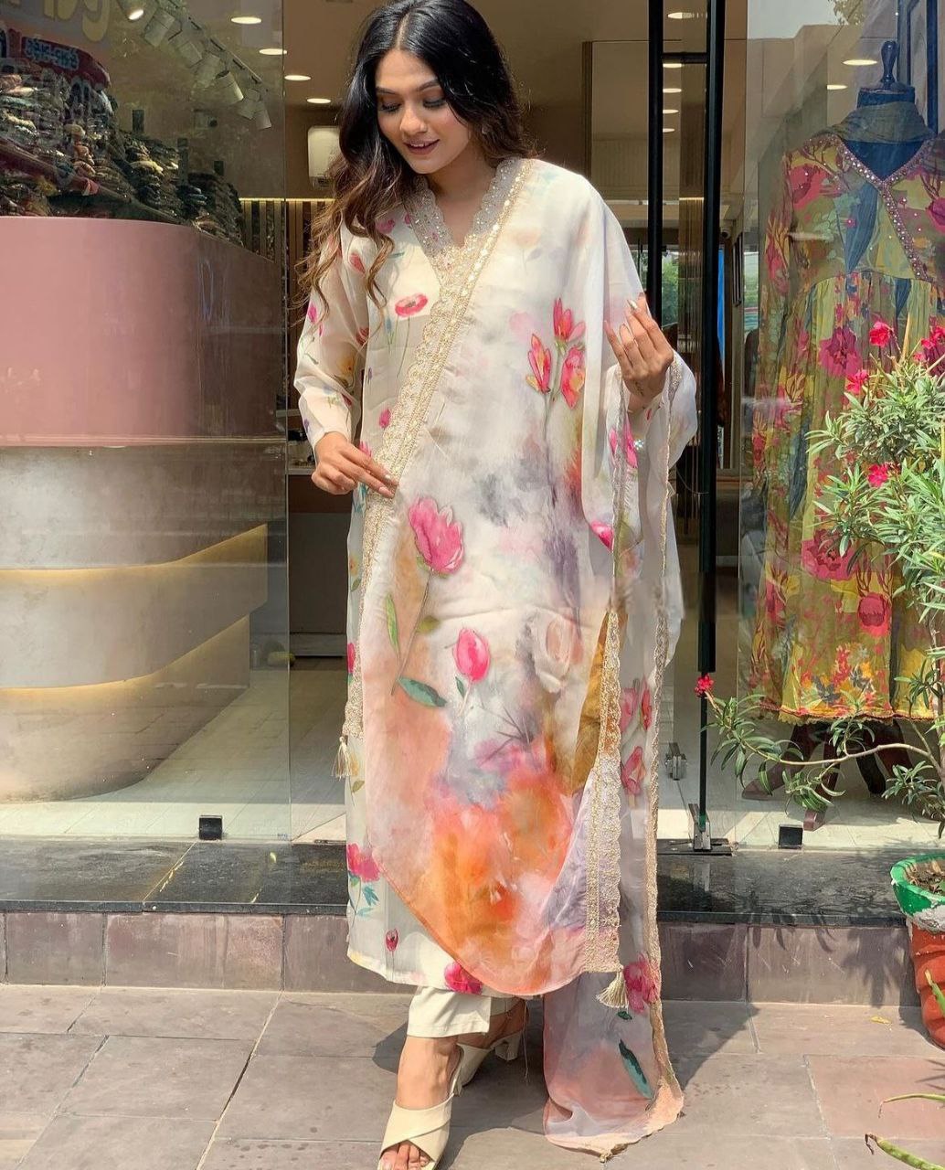 Off White Floral Printed Women Embroidery Straight Kurta Set with Dupatta