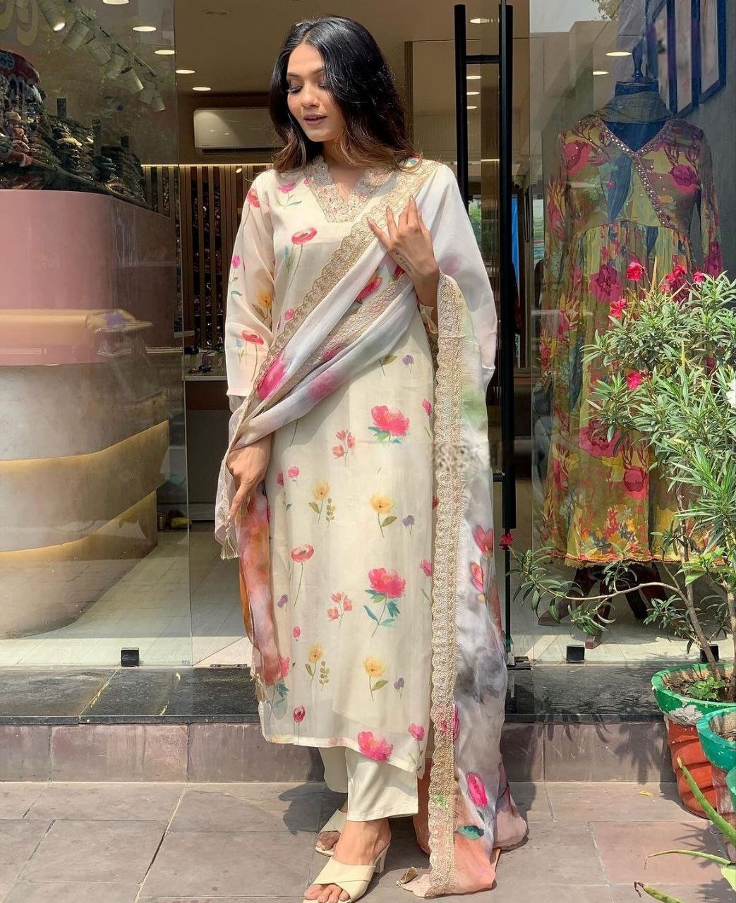 Off White Floral Printed Women Embroidery Straight Kurta Set with Dupatta